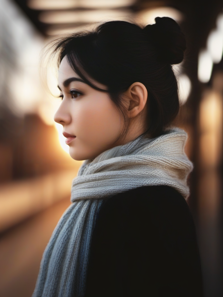 00396-3633321024-1girl, solo, black hair, brown eyes, upper body, look at viewer, hair bun, scarf, depth of field, blurry background, realistic,_.png